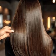 Glossy brunette hair with subtle highlights in salon setting showing professional keratin straightening treatment with stylist hand demonstrating silky smooth texture.