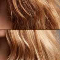 Hair transformation before and after split screen comparison showing damaged to healthy restoration results from professional treatment regimen with visible improvement in texture and condition